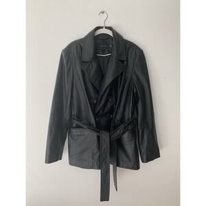 Tahari Double Breasted 100% Leather Belted Jacket Sz XL Black Buttery Supple